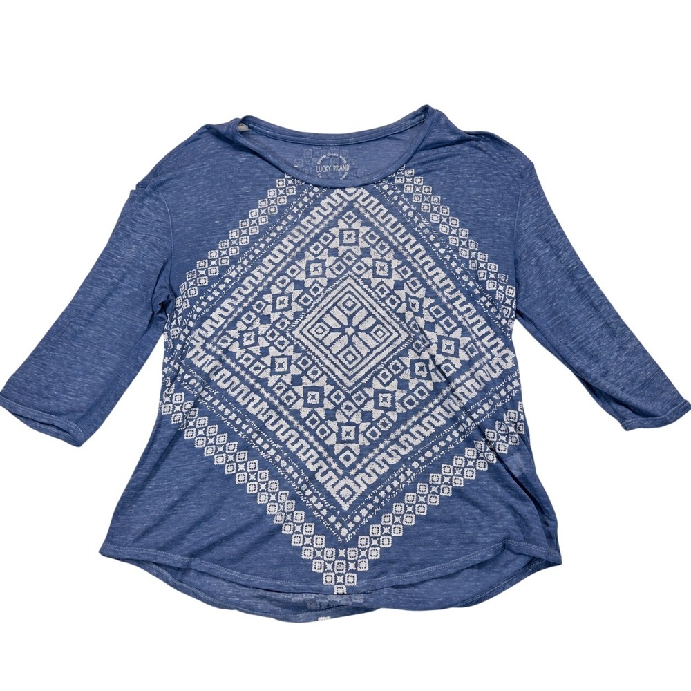 Lucky Brand Graphic Tee Womens XL Blue 3/4 Sleeve Geometric Diamond Print Slub